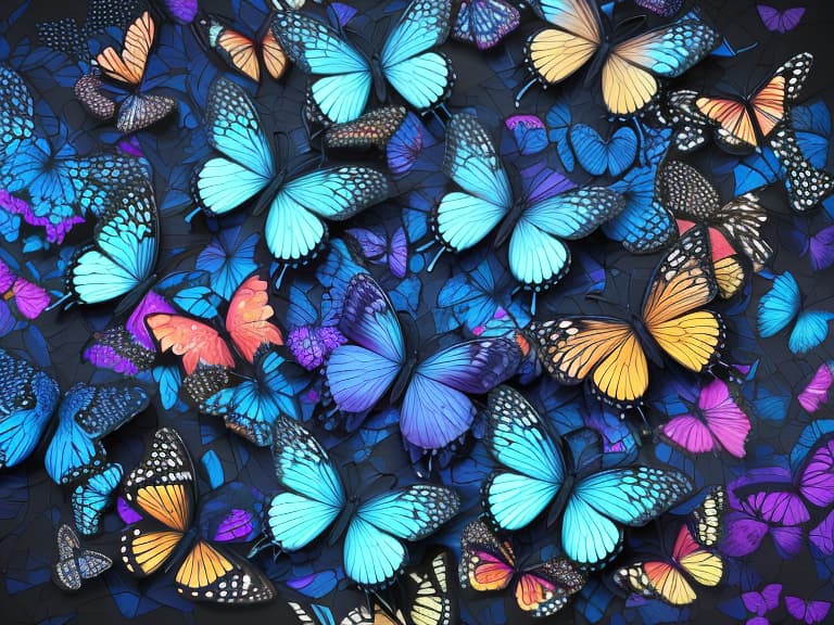  a partial abstract dark background with butterflies of various sizes in blue color on it hyperrealistic, full body, detailed clothing, highly detailed, cinematic lighting, stunningly beautiful, intricate, sharp focus, f/1. 8, 85mm, (centered image composition), (professionally color graded), ((bright soft diffused light)), volumetric fog, trending on instagram, trending on tumblr, HDR 4K, 8K