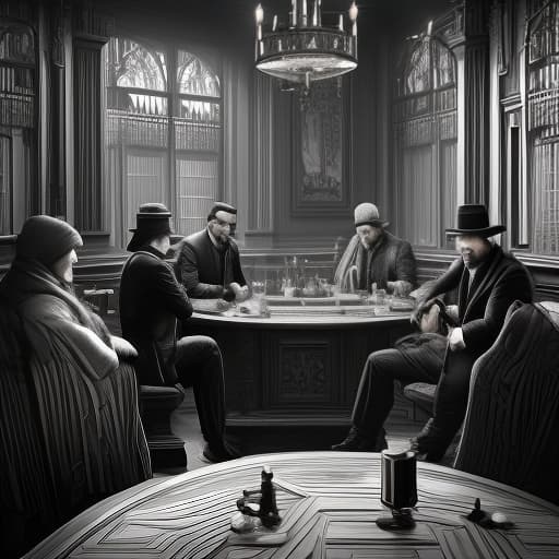  (grayscale, woodcut:1.2), (etching:1.1), (engraving:0.2), 5 people in the 19th century are playing round table mafia in russia, detailed hyperrealistic, full body, detailed clothing, highly detailed, cinematic lighting, stunningly beautiful, intricate, sharp focus, f/1. 8, 85mm, (centered image composition), (professionally color graded), ((bright soft diffused light)), volumetric fog, trending on instagram, trending on tumblr, HDR 4K, 8K