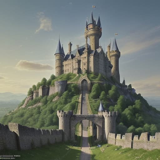  80's fantasy art, medieval castle, standing proudly on a hill, bathed in the golden light of dawn. The castle has tall, formidable stone walls, with numerous towers and battlements. A large, ornate gate serves as the main entrance, flanked by statues of mythical creatures. Banners of the fallen king still hang from the turrets, fluttering lightly in the morning breeze. Surrounding the castle are lush green fields, now trampled by the advancing rebel army. The air is charged with anticipation as the rebels approach the castle to seize it.