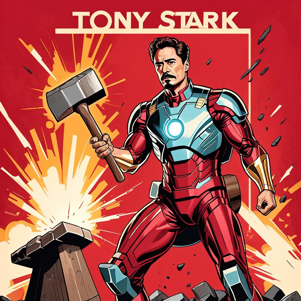  advertising poster style tony stark with a hammer, style soviet poster, red background, hammer in hand, hits an anvil . professional, modern, product focused, commercial, eye catching, highly detailed