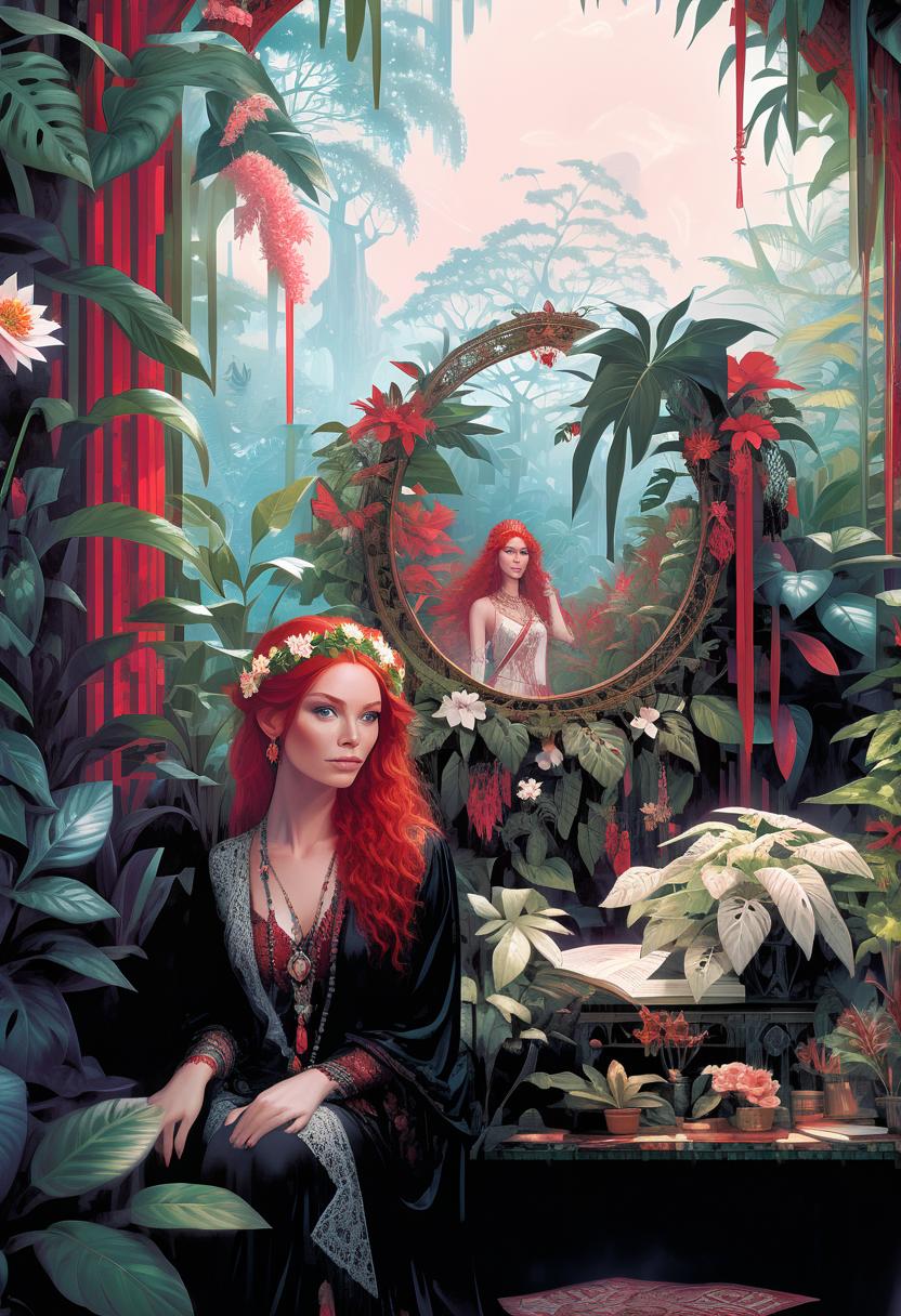  portrait of beautiful red haired bohemian queen wearing red colour lace surrounded by jungle plants and flowers art by mike mayhew and mark brooks and ross tran 8k resolution