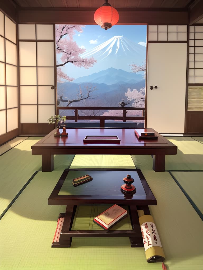  ((no people: 1.4,no humans: 1.4)),japanese room,(on desk,japanese scroll 📜,picture scroll),8k,high resolution,absurd,employed,