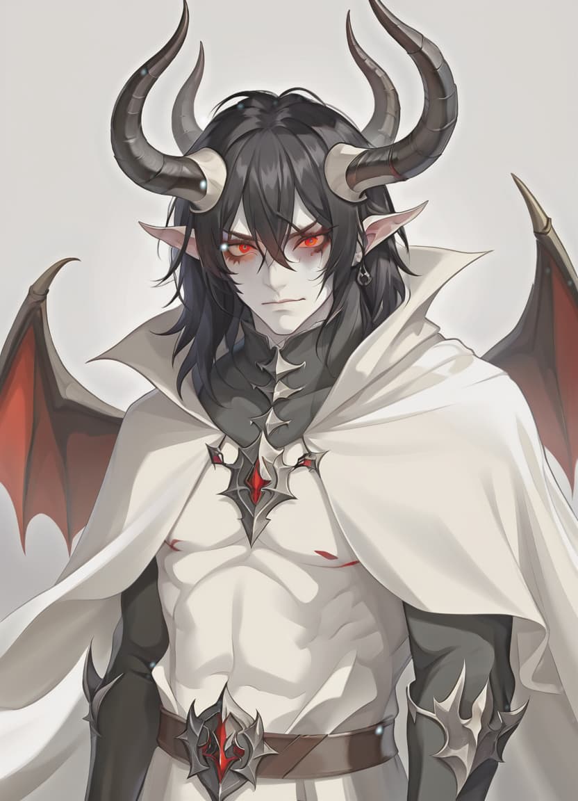  man demon, white skin, red eyes, black hair, white horns, medieval warm clothes