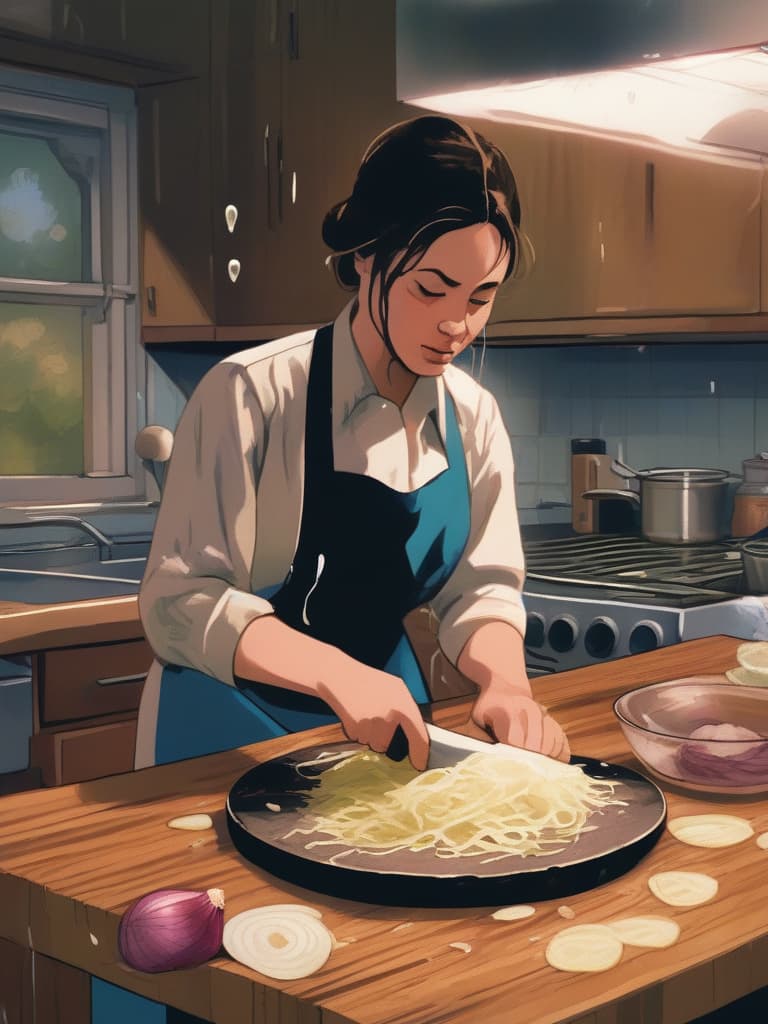  kitchen,woman wearing apron {cutting onion with knife on cutting board,(tears while slicing onion into thin slices:1.4) sliced onion on cutting board},super detailed,high resolution,absurd,employed,