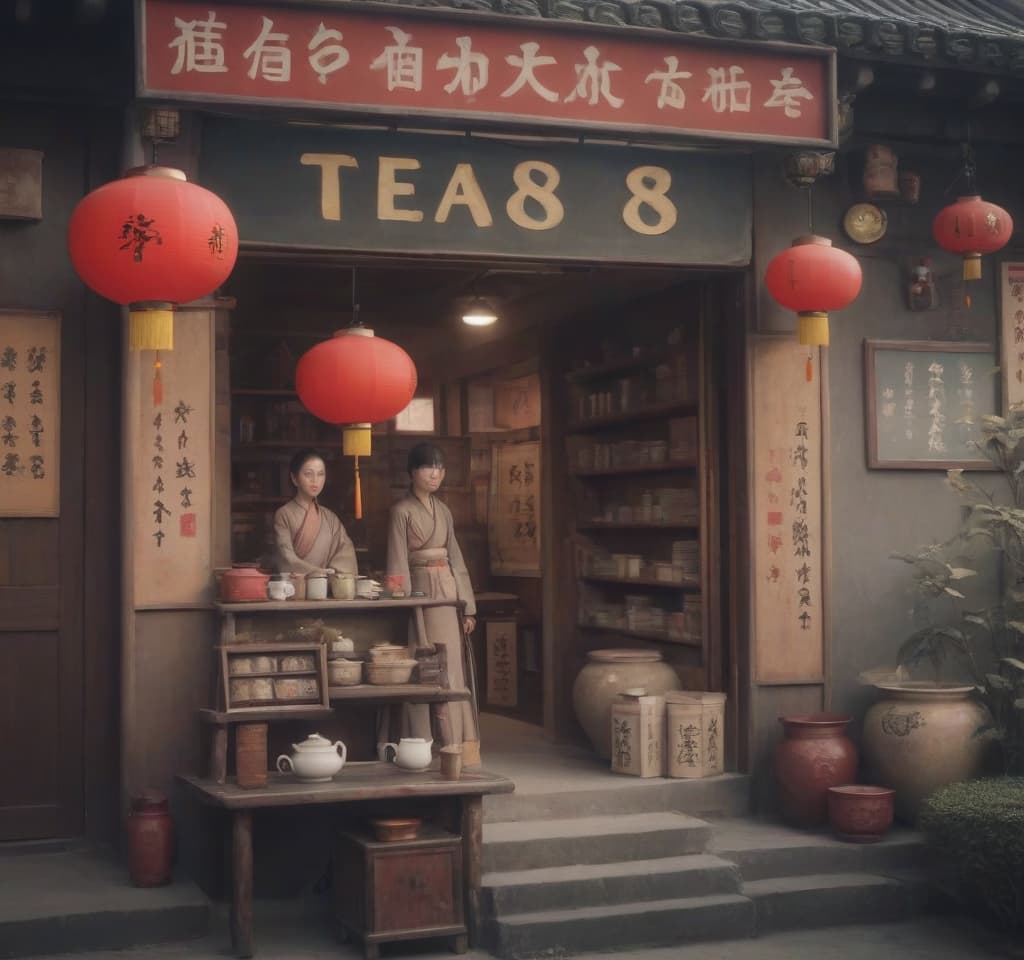  chinese town, tea store, tea ceremony, sign text “tea875”, epic foto, 4k