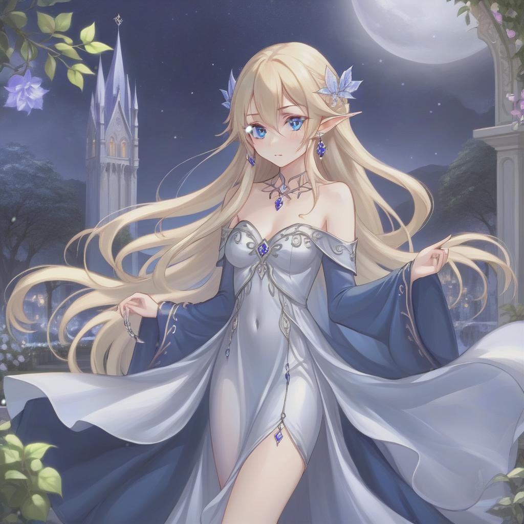  elf girl, blonde long loose hair, deep dark blue eyes, in full growth, translucent night dress, small silver earrings, hairpin, evening, terrace overlooking the gardens