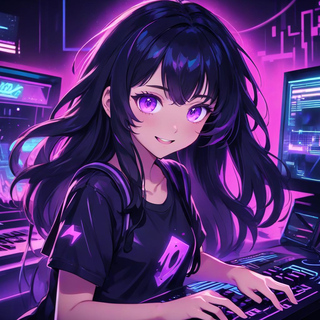  anime artwork a girl with long black hair and purple eyes, ( ( ( synthwave ) ) ), beautiful kawaii lighting, my computer icon, dark short curly hair smiling, ultra phonk, stream, on, kami, ( ( ( in a dark, glowy . anime style, key visual, vibrant, studio anime, highly detailed