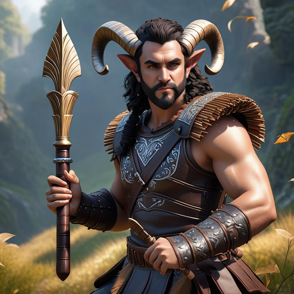  dark haired white skinned charming satyr bard with a mans face wearing leather armor that plays the pan flute and wields a magical sword. the satyr appears clean and educated and is playing a song. photo realistic, highly intricate and detailed, masterpiece, ultra high res,photography,8k resolution