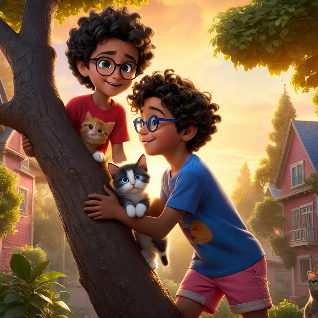  in 3d animated movie style. disney pixar style. in pixar style art. umer, 10, dark curly hair, red t shirt, blue shorts, glasses, with kitten, young, fluffy, blue eyes, pink nose. setting is a neighborhood at sunset, golden light, long shadows. both near a tall tree, kitten perched mischievous and relieved. high resolution 3d animation style. colors: golden tones, soft shadows, warm hues. camera: slightly low angle showing umer and kitten rescuing the kitten from the tree, highlighting teamwork and their bond.