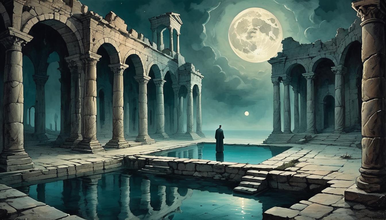  on parchment, surrealism+++, a reflective pool in an ancient ruin, a person's face looking down with a sorrowful expression, waters illuminated by moonlight, regret, loss(mysterious, provocative, symbolic,muted color)+++