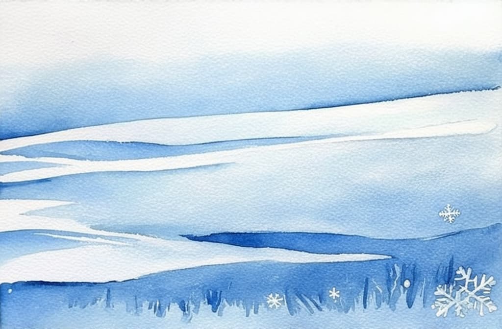  artwork snow background with snowdrifts and falling snowflakes ar 3:2, watercolor techniques, featuring fluid colors, subtle gradients, transparency associated with watercolor art