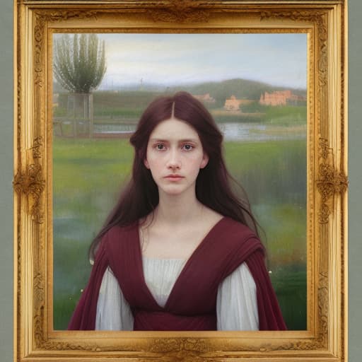 analog style Emotional, dramatic oil painting of a lovely Pre-Raphaelite Beata Beatrix distraught girl accused of witchcraft. It is from the side and she is looking upwards. The composition looks like Dante Gabriel Rossettti’s Beata Beatrix painted by Rembrandt. Beautiful, ornate, emotionally engaging oil painting with soft, lost edges painted by John William Waterhouse. Complex , ornate composition using the golden ratio.