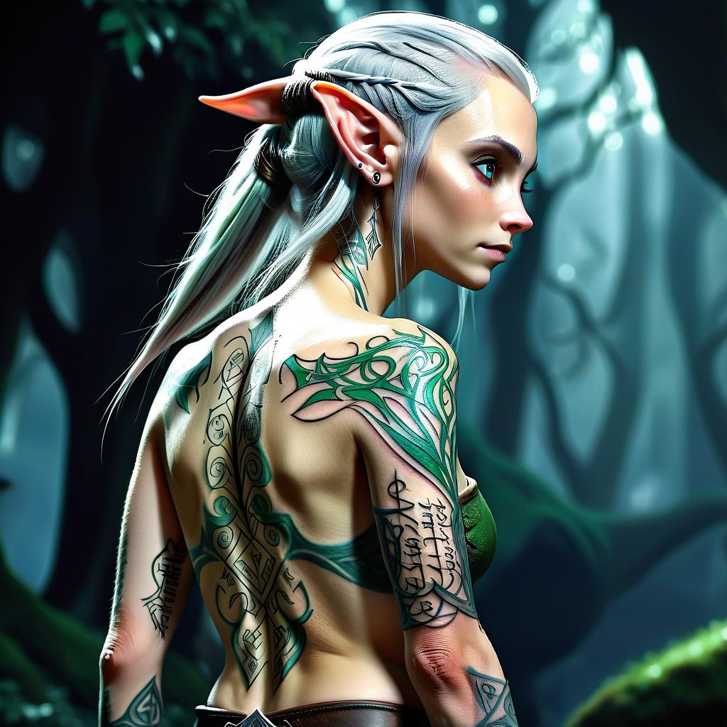  magical tattoo in the elvish language on the shoulders and torso of an elf, hkmagic