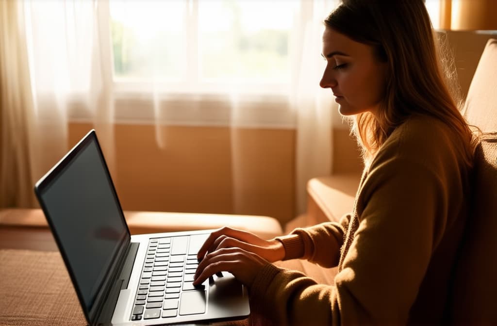  girl working on laptop at home, cozy home style, clear sunny weather ar 3:2, (natural skin texture), highly detailed face, depth of field, hyperrealism, soft light, muted colors