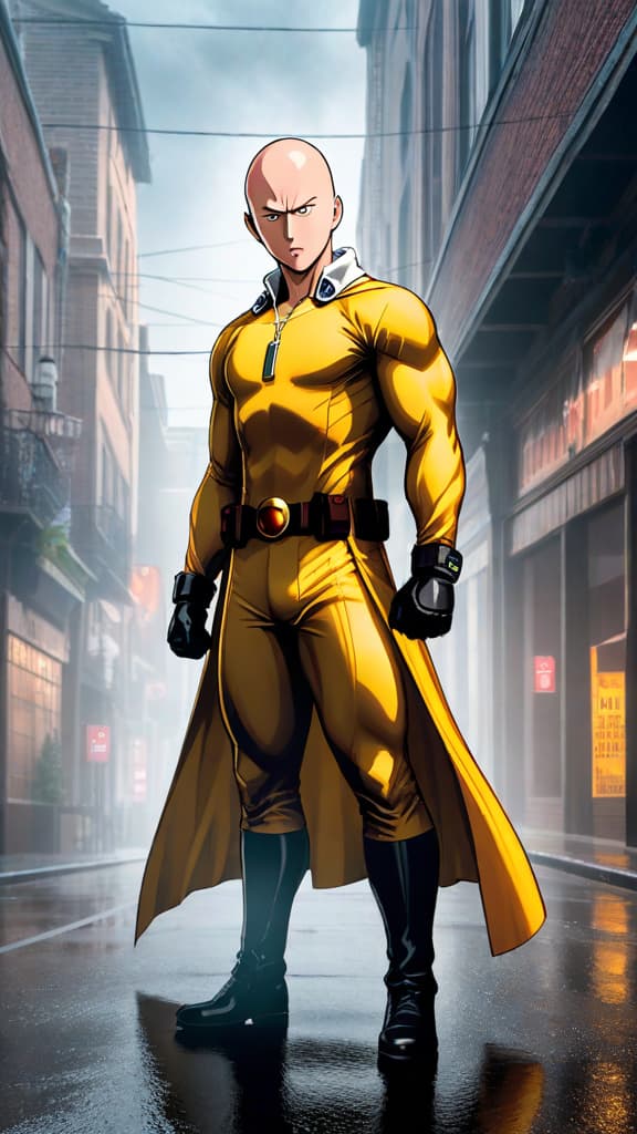  anime art: saitama's hidden past as s rank no.1 hero in one punch man, shrouded in conspiracy. hyperrealistic, full body, detailed clothing, highly detailed, cinematic lighting, stunningly beautiful, intricate, sharp focus, f/1. 8, 85mm, (centered image composition), (professionally color graded), ((bright soft diffused light)), volumetric fog, trending on instagram, trending on tumblr, HDR 4K, 8K