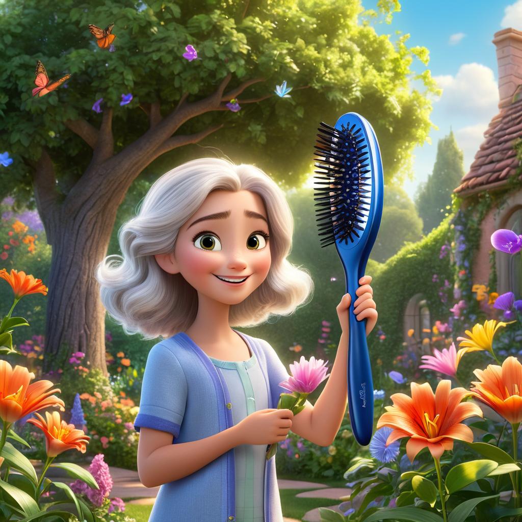  in 3d animated movie style. disney pixar style. lily, a old with silver locks, brushing her hair with the magical hairbrush, a mischievous and wise character, in a sunny garden with colorful flowers. high resolution pixar 3d animated film style, bright, soft lights filtering through trees, capturing lily from a slightly elevated bird's eye view under a tree with the magical hairbrush hovering nearby.