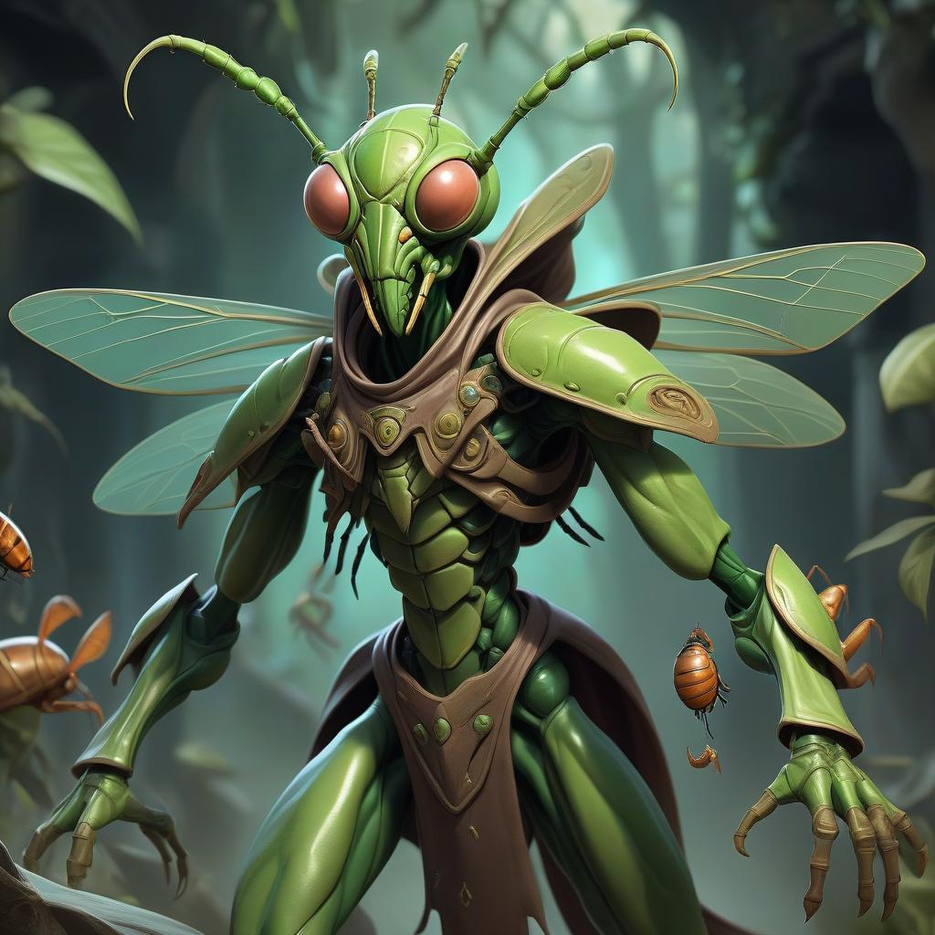  role playing game (rpg) style fantasy thri kreen insectoid monstrous humanoid race with mantis head ranger, four hands, lots of bugs flying under traveler cloak . detailed, vibrant, immersive, reminiscent of high fantasy rpg games