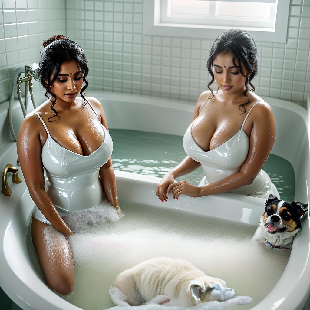  NSFW. Beautiful Indian curvy (((women)) standing bathing in milk with (((dog))) and (((bathtub))). Highly detailed, ultra realistic face, 8k. Ultra revealing sticky dress explore every inch of her body., hyperrealistic, high quality, highly detailed, cinematic lighting, intricate, sharp focus, f/1. 8, 85mm, (centered image composition), (professionally color graded), ((bright soft diffused light)), volumetric fog, trending on instagram, HDR 4K, 8K