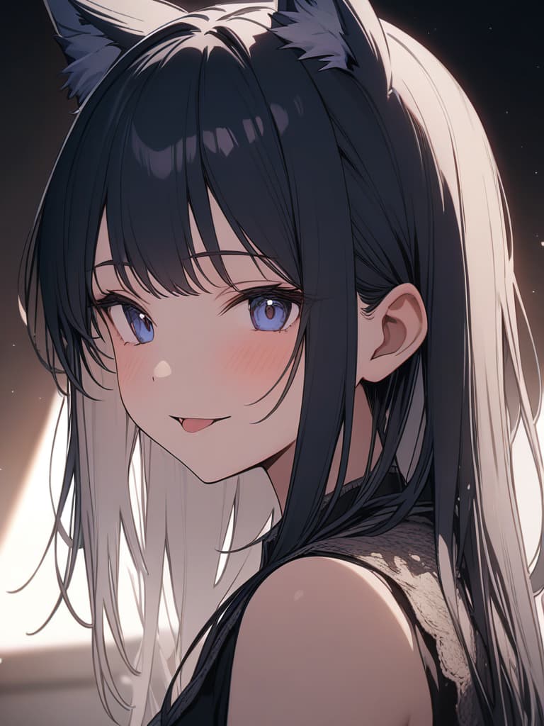  fox ears, smiles, short hair, hair tip blue, black hair, tongue pero, cute, virtual, masterpiece, best quality,8k,ultra detailed,high resolution,an extremely delicate and beautiful,hyper detail