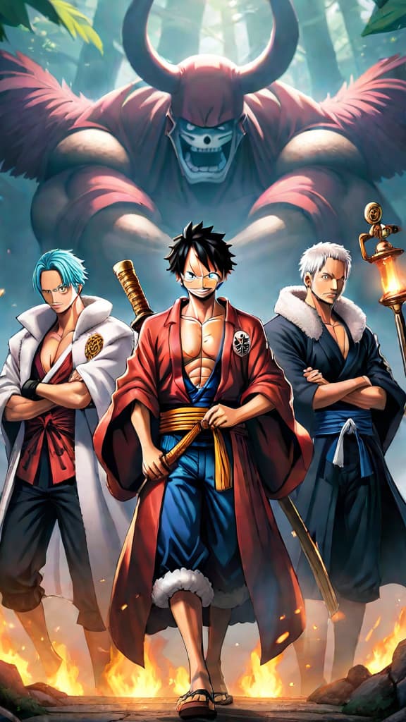  anime art: five elders from one piece guarding a mysterious ancient secret. hyperrealistic, full body, detailed clothing, highly detailed, cinematic lighting, stunningly beautiful, intricate, sharp focus, f/1. 8, 85mm, (centered image composition), (professionally color graded), ((bright soft diffused light)), volumetric fog, trending on instagram, trending on tumblr, HDR 4K, 8K