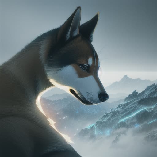  shiba. Thunder. extraterrestrial being with intricate biological features and ethereal beauty, portrayed in a cinematic style with dramatic lighting and atmospheric effects, set against the backdrop of an alien landscape shrouded in mystery and wonder, 3D rendering, using Blender with realistic textures and lighting effects 878k