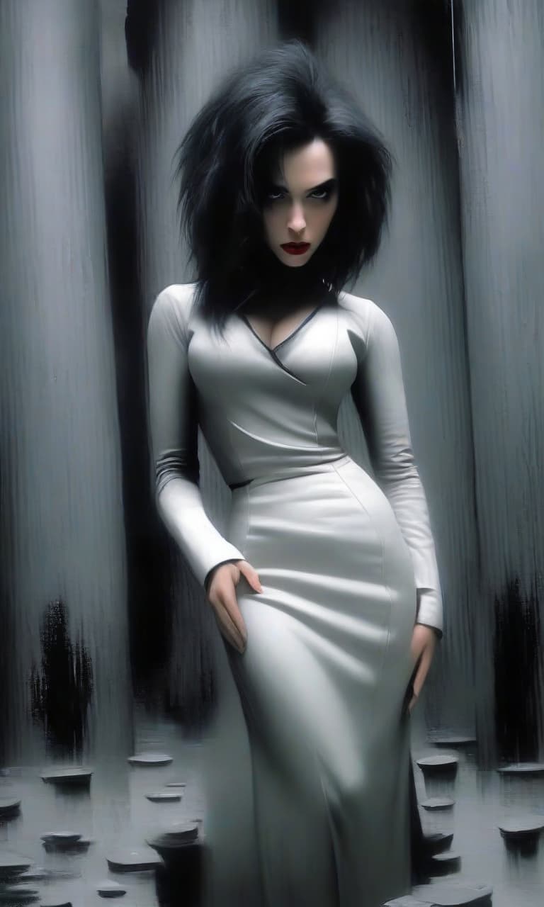  macabre style scarlett johansson in the form of a slender fantasy thief fighter with white and black straight hair, in long white leather skirts, in plate shoulder pads and wrists. full height. in a dark room with wide dark gray columns in spots. . dark, gothic, grim, haunting, highly detailed, perfecteyes, perfect hands