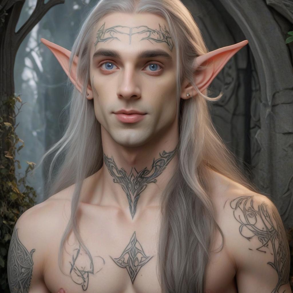  tattoo elvish tongue on the shoulders and torso of a long haired elf