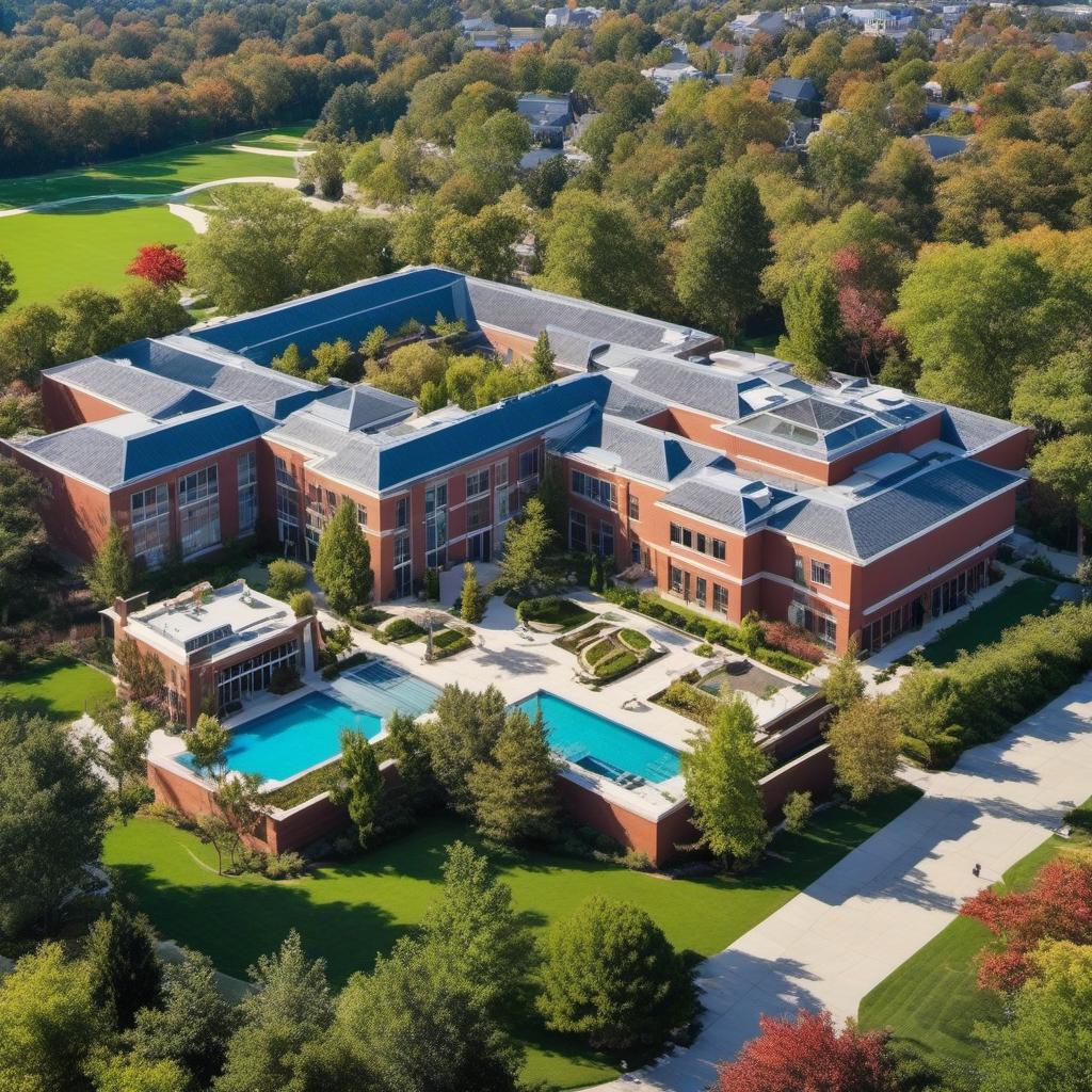  high school exterior aerial layout with lots of windows and a courtyard in the middle with a garden, pool and rooftop art space and curb appeal, mystical style