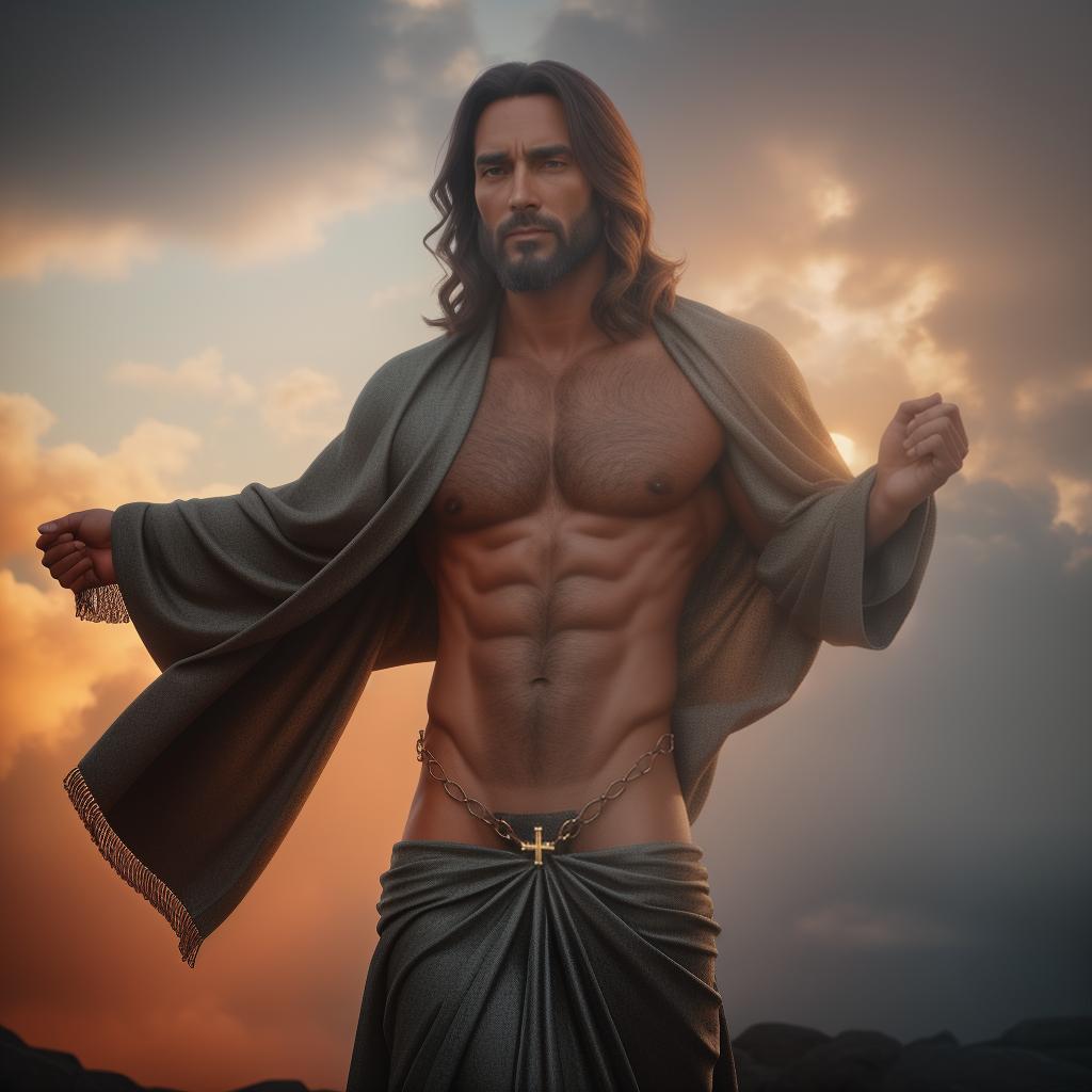  4k, envision Jesus Christ, a glowing cross behind him, he has his arms wide open as to hug you hyperrealistic, full body, detailed clothing, highly detailed, cinematic lighting, stunningly beautiful, intricate, sharp focus, f/1. 8, 85mm, (centered image composition), (professionally color graded), ((bright soft diffused light)), volumetric fog, trending on instagram, trending on tumblr, HDR 4K, 8K