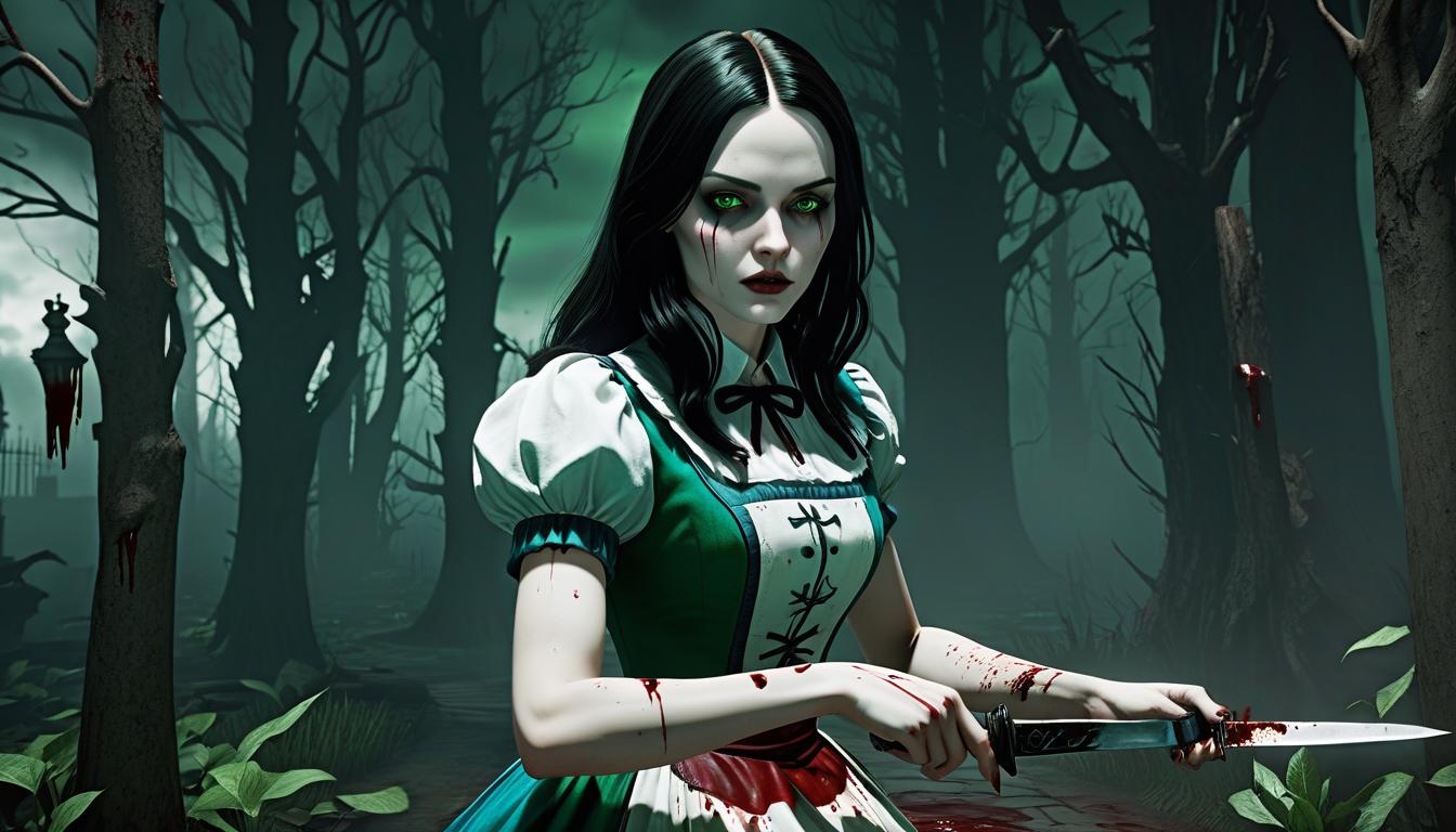  horror themed alice: madness returns, looking at the camera, full body, pale skin, realistic photo, hyper realism, high detail, high quality, 8k, erotica, horror, hands with a knife in blood, green eyes. . eerie, unsettling, dark, spooky, suspenseful, grim, highly detailed