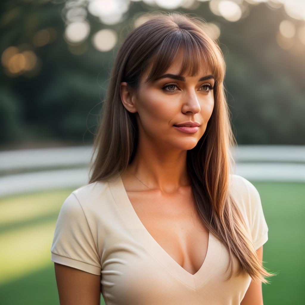  (((realistic full torso frontal head shot of a light beige to medium tan skin tone woman))), liselotte jane winkler, ((caucasian heritage)), immature face, brown eye color, ((bangs hair style)), (( hair color)), (( body type)), small size, big size, (immature flat nose), (immature defined cheekbones), (immature angular jawline), (immature full lips), (immature wide forehead), (immature even eyebrows), (immature dimpled chin), standing straight looking directly into the camera,((wearing fitted polo shirt with deep v neck and monogrammed pocket)), backyard in background, 1, best quality, highest quality, award winning photo, masterpiece, raw, professional photography, photorealism, sharp focus, cinematic, hi hyperrealistic, full body, detailed clothing, highly detailed, cinematic lighting, stunningly beautiful, intricate, sharp focus, f/1. 8, 85mm, (centered image composition), (professionally color graded), ((bright soft diffused light)), volumetric fog, trending on instagram, trending on tumblr, HDR 4K, 8K