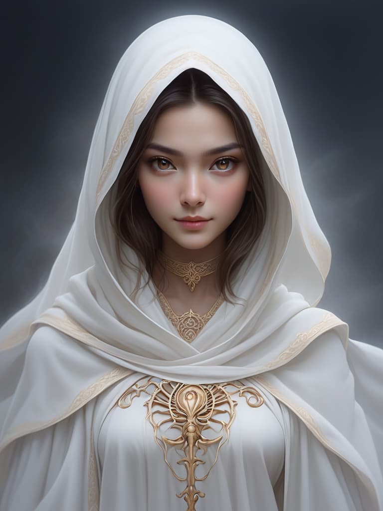  white bone spirit, 1 female, skeletal face with human features, solo, female focus, flowing white robes, portrait, hollow eyes, looking at viewer, realistic, eerie smile, close up, delicate bone structure, dark misty background, ethereal aura