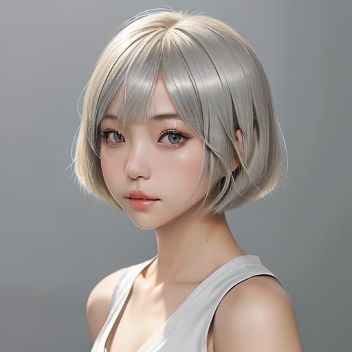  cute japanese girl face, cute short hair, light blonde and silver bob cut hairstyle, black sleeveless top, delicate makeup, cool style, natural lighting, photo realistic in the style of realistic.