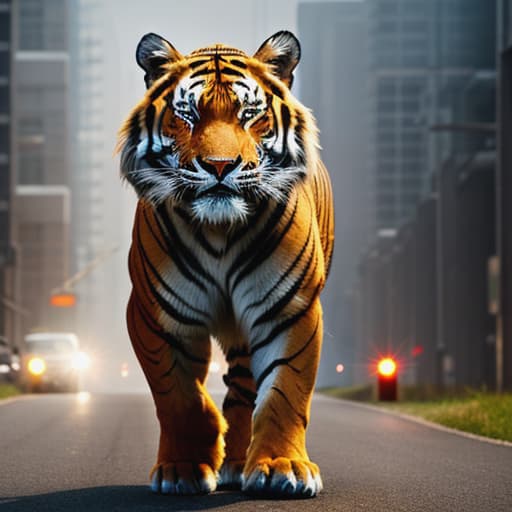  A robotic tiger with glowing eyes and metallic fur. hyperrealistic, full body, detailed clothing, highly detailed, cinematic lighting, stunningly beautiful, intricate, sharp focus, f/1. 8, 85mm, (centered image composition), (professionally color graded), ((bright soft diffused light)), volumetric fog, trending on instagram, trending on tumblr, HDR 4K, 8K