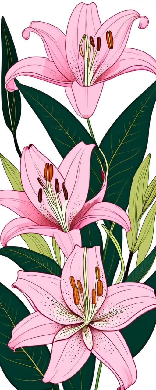  minimalism, the images features individual pink lilies and leaves, each illustrated with fine detail, highlighting their unique textures and curvature. the flowers and leaves vary. each plant carries its own distinct form, emphasizing their organic and fluid shapes., abstract, simple geometic shapes, hard edges, sleek contours, minimalism