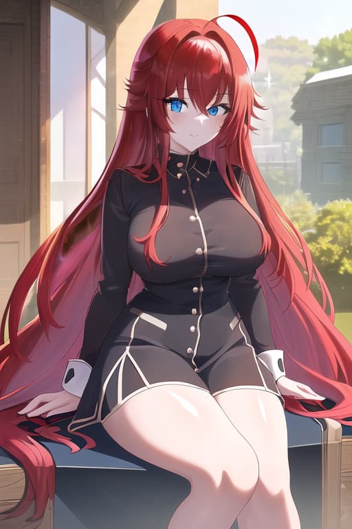   s ,masterpiece, best quality, 1women, long red hair, looking at viewer, :3, cute, black uniform, outdoors, streets, cow shot, curvy, (((blue eyes))), rias gremory, red hair, antenna hair, wavy hair, ((beautiful detailed eyes, beautiful detailed glow, lots of glow)), anime screencap