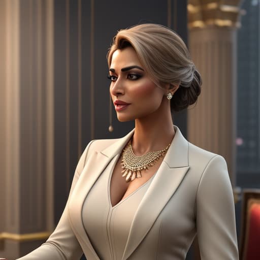  "Create a hyperrealistic, 8k resolution, cinematic style image of an Indian businesswoman with an extremely fit and attractive physique. She should be wearing elegant jewelry that complements her business attire, which is sleek and form-fitting, highlighting her figure. The scene is set in a dimly lit, luxurious office environment where the lighting accentuates her features, creating dramatic shadows and highlights. Include subtle, shadowy figures of men in the background, suggesting a narrative without overt action, focusing on the texture of their suits and the ambiance of intrigue. The image should capture the essence of a masterpiece with 3D rendering, showcasing super detailed skin textures, realistic lighting, and a composition that f hyperrealistic, full body, detailed clothing, highly detailed, cinematic lighting, stunningly beautiful, intricate, sharp focus, f/1. 8, 85mm, (centered image composition), (professionally color graded), ((bright soft diffused light)), volumetric fog, trending on instagram, trending on tumblr, HDR 4K, 8K