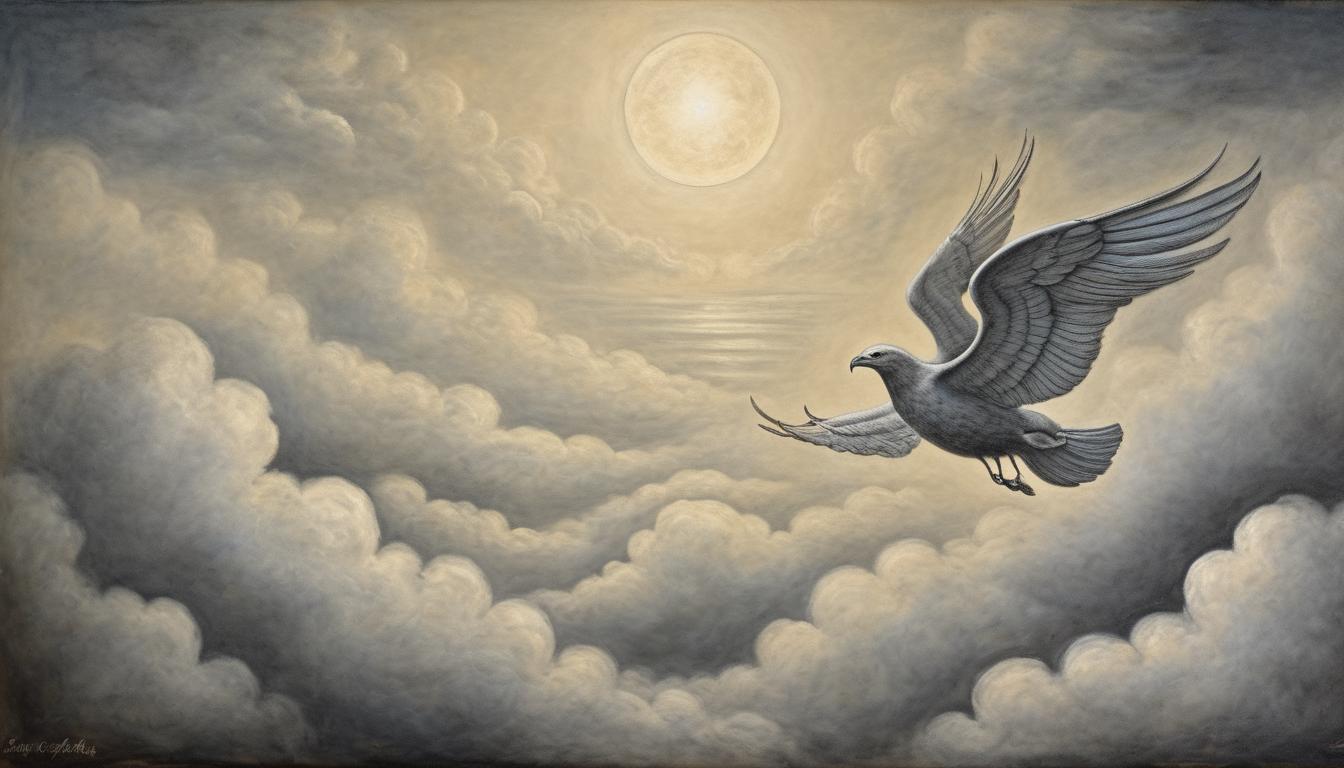  on parchment, surrealism++, winged figure soaring above the clouds, moonlight casting a silver glow, sense of freedom and transcendence(mysterious, provocative, symbolic)++