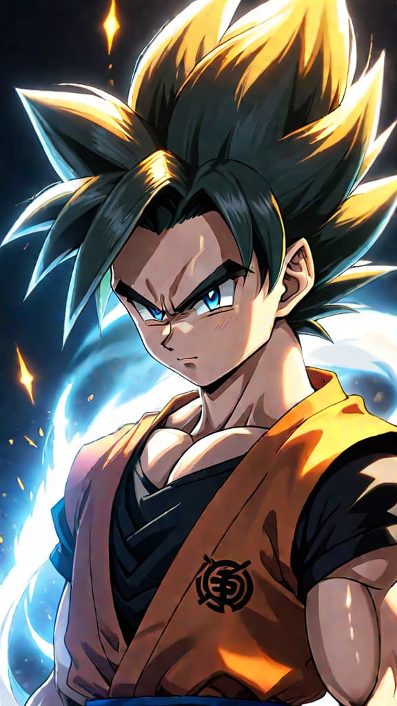  an anime art of goten turning super saiyan at seven, breaking down his remarkable transformation. hyperrealistic, full body, detailed clothing, highly detailed, cinematic lighting, stunningly beautiful, intricate, sharp focus, f/1. 8, 85mm, (centered image composition), (professionally color graded), ((bright soft diffused light)), volumetric fog, trending on instagram, trending on tumblr, HDR 4K, 8K