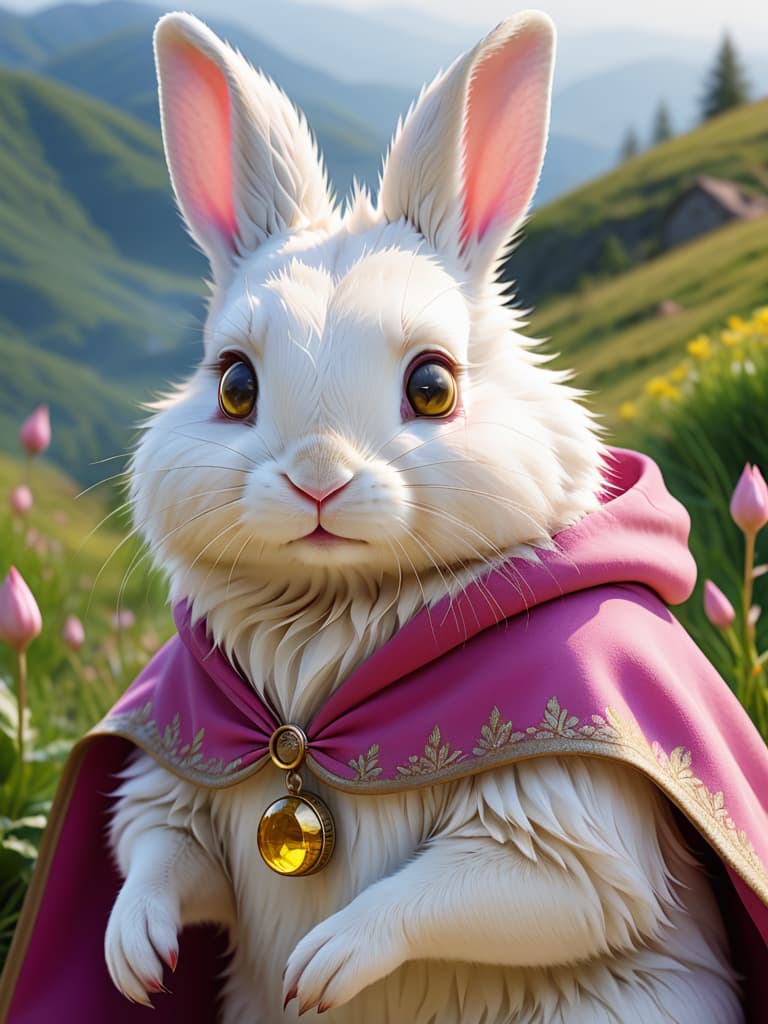   rabbits have a light stamping ear, a small, , white rabbit with bright eyes and pink noses. it wears a bright yellow cape, a small, round hedgehog, with a brown coloured peg on its back and a few timid eyes。 photo realistic, highly intricate and detailed, masterpiece, ultra high res,photography,8k resolution