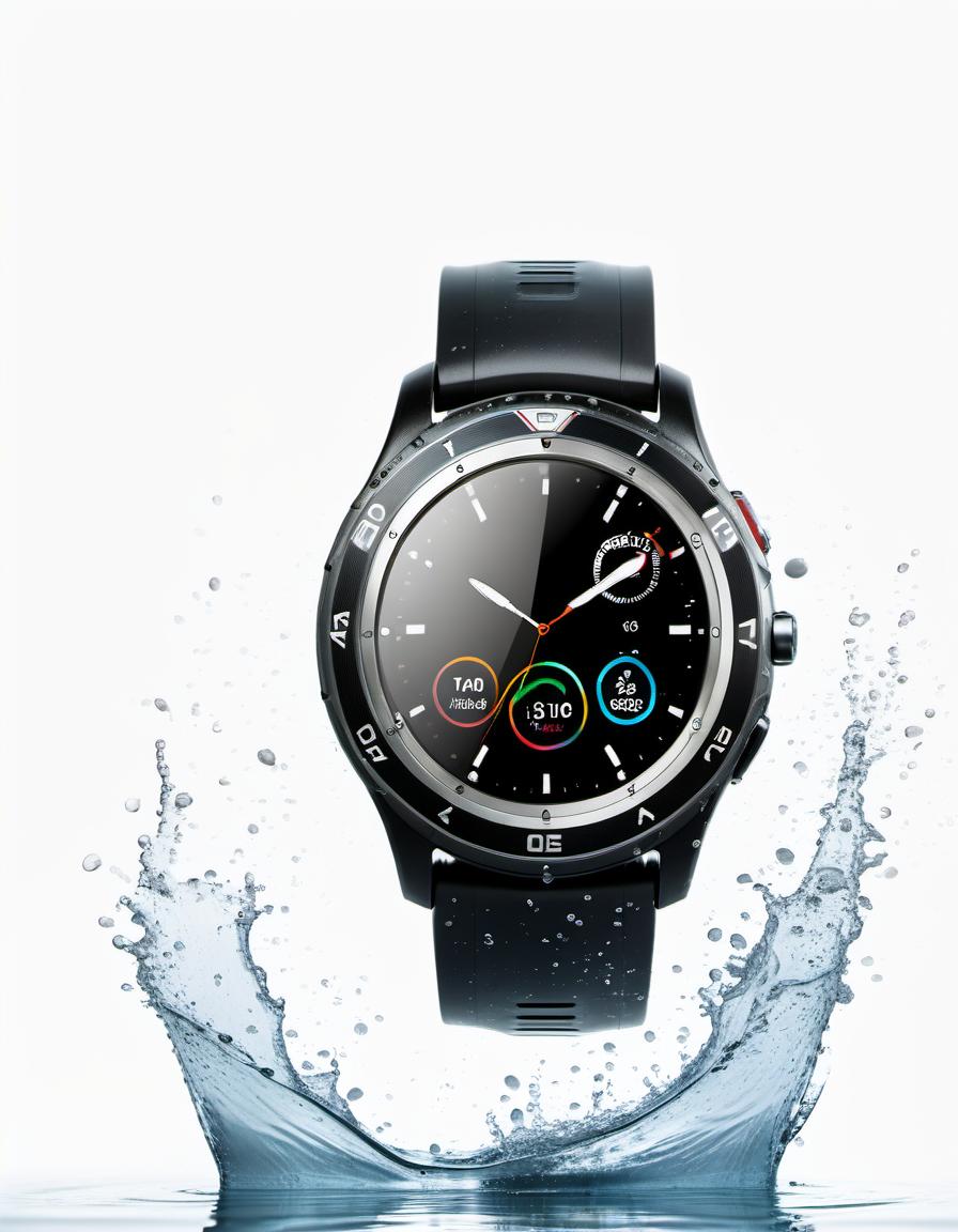  smart watch on a white background, around water splash, film photography style