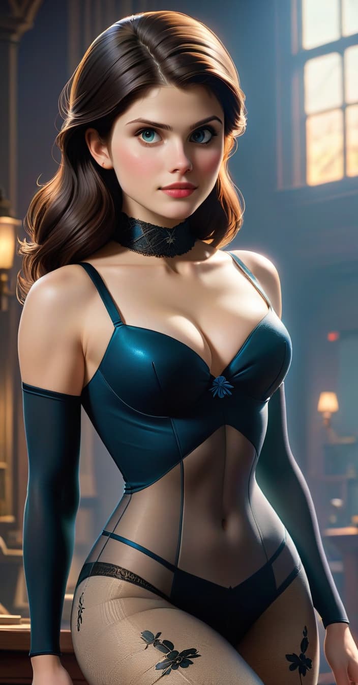  concept art realism alexandra derdario, gorgeous , pixar character, glowing skin, skin , beautiful body, stocking, large , large s, glowing pu ssy, full lenght . digital artwork, ilrative, painterly, matte painting, highly detailed, civitai