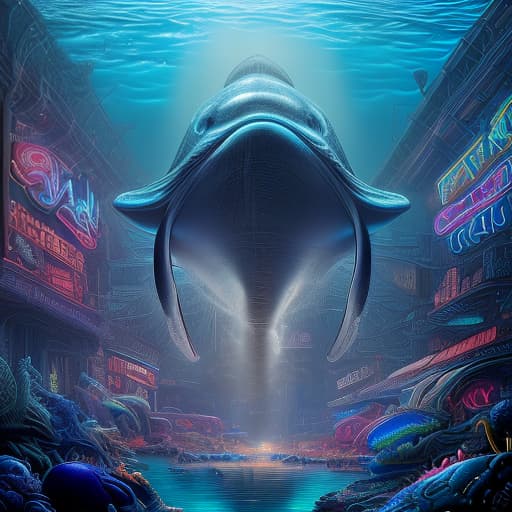  a large blue whale, in the rays of neon, conquers underwater depths, glow, good quality, (intricate details:1.12), hdr, (intricate details, hyperdetailed:1.15)