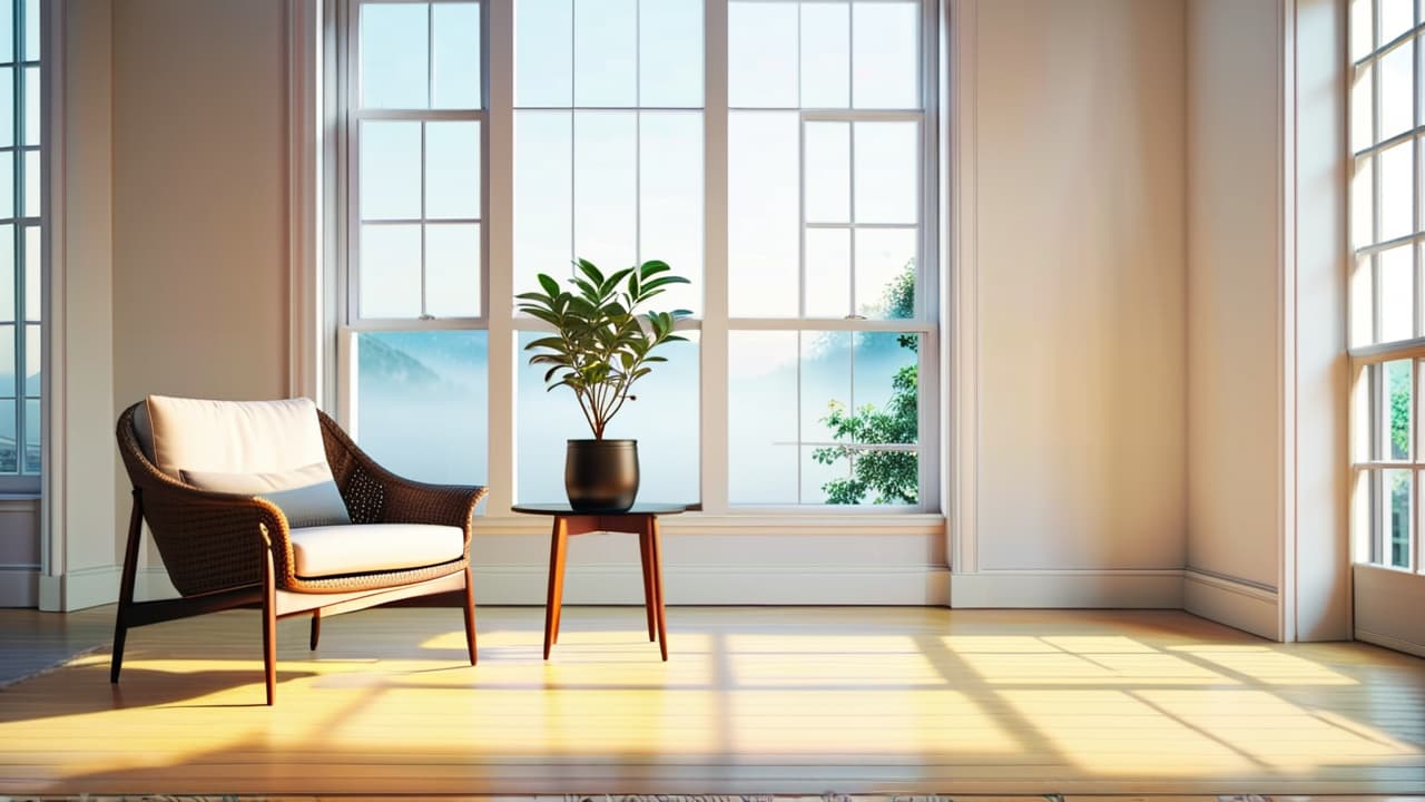  a serene, clutter free room with a single, elegant chair, a small plant on a minimalist table, soft natural light filtering through a large window, casting gentle shadows and highlighting the emptiness and tranquility. hyperrealistic, full body, detailed clothing, highly detailed, cinematic lighting, stunningly beautiful, intricate, sharp focus, f/1. 8, 85mm, (centered image composition), (professionally color graded), ((bright soft diffused light)), volumetric fog, trending on instagram, trending on tumblr, HDR 4K, 8K