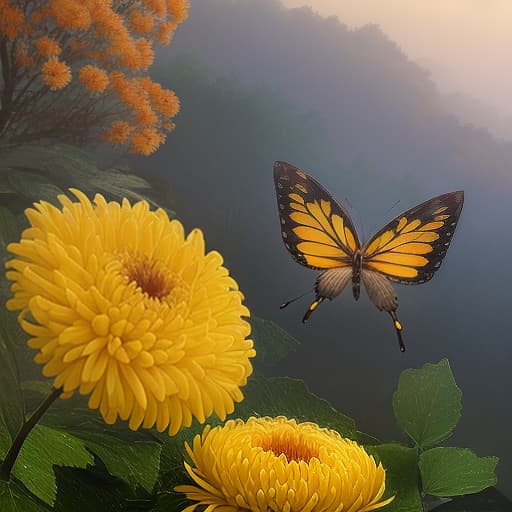  morning autumn landscape, chrysanthemum flower in dew drops, butterfly sitting on it, chinese style