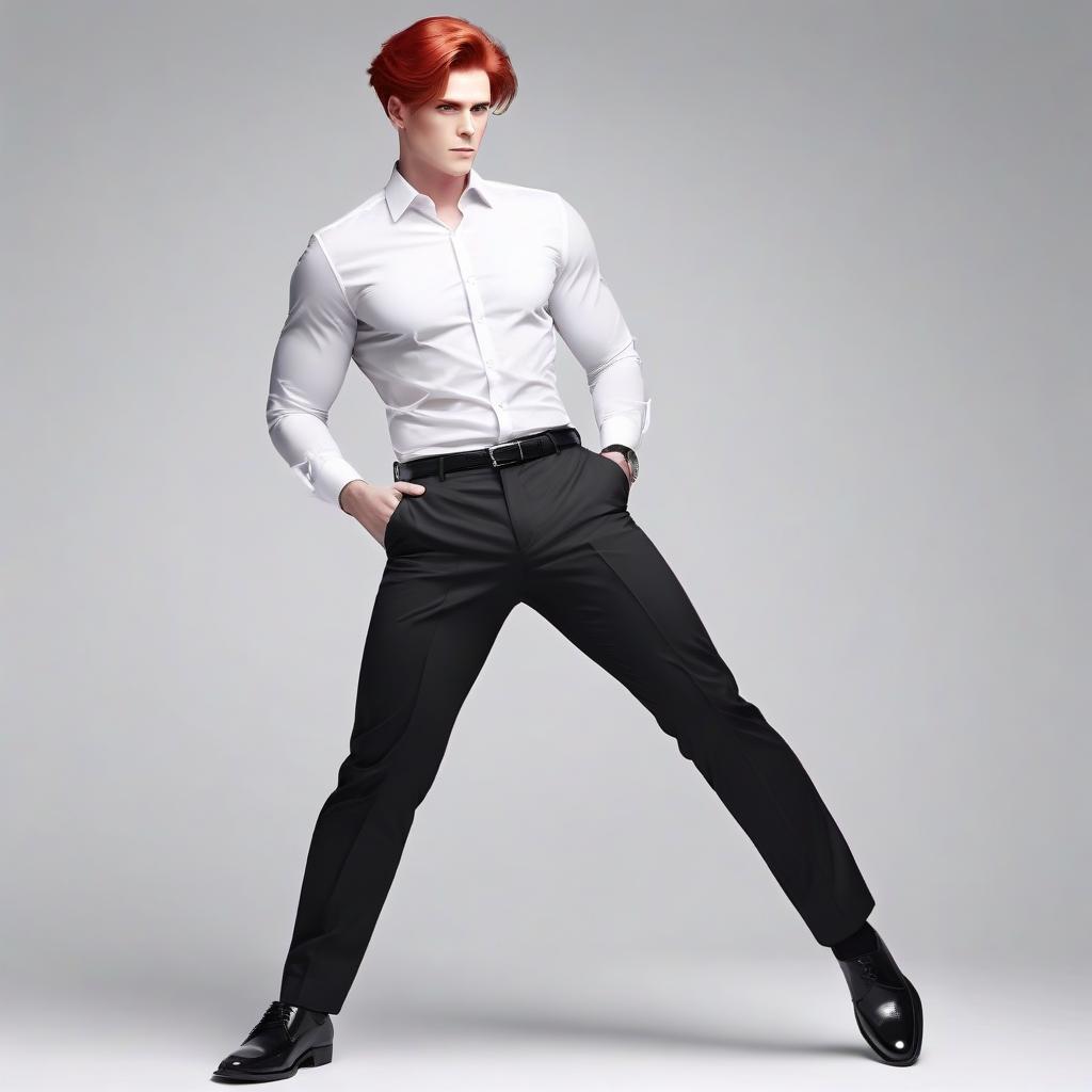  make me a man, a full length office worker, with red hair, on a white background, in a white shirt, in black trousers, in black shoes