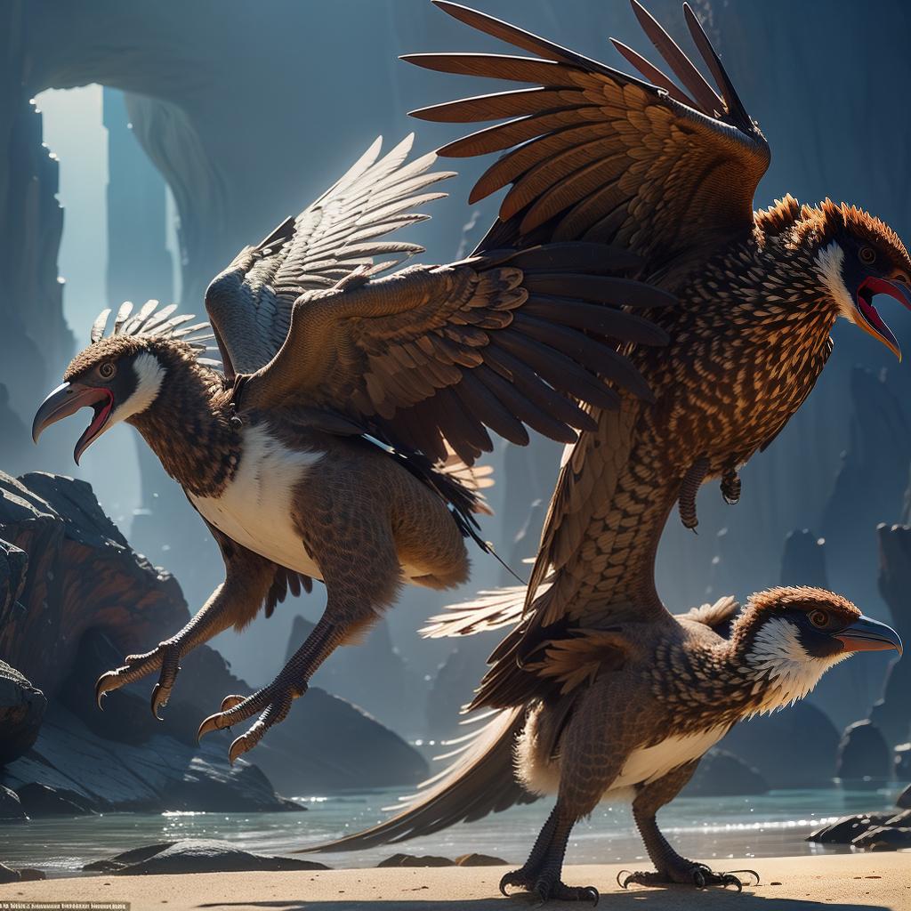  masterpiece, high quality, 4K, HDR BREAK A large, majestic bird with powerful wings and a sharp beak, wielding a massive, ornate gunlance. BREAK Armored, feathered body, intricate gunlance weapon BREAK Dramatic, action oriented pose, dynamic camera angle BREAK Fantastical, otherworldly landscape or environment hyperrealistic, full body, detailed clothing, highly detailed, cinematic lighting, stunningly beautiful, intricate, sharp focus, f/1. 8, 85mm, (centered image composition), (professionally color graded), ((bright soft diffused light)), volumetric fog, trending on instagram, trending on tumblr, HDR 4K, 8K