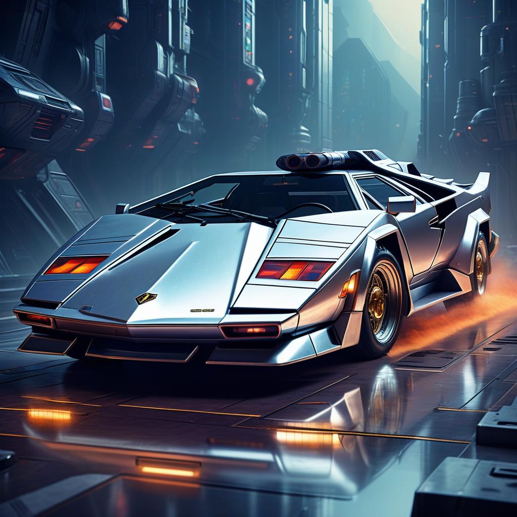  retro game art the spacecraft looks like a lamborghini countach, silver color, in the styles of futurism, dieselpunk and steampunk. . 16 bit, vibrant colors, pixelated, nostalgic, charming, fun