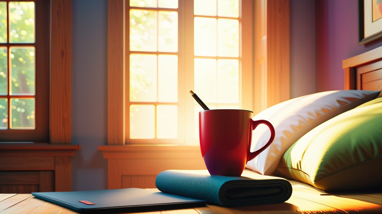  a serene sunrise casts warm light over a peaceful bedroom, featuring a cozy bed, a yoga mat, and a steaming cup of tea. a journal and pen rest on a bedside table, inviting reflection. hyperrealistic, full body, detailed clothing, highly detailed, cinematic lighting, stunningly beautiful, intricate, sharp focus, f/1. 8, 85mm, (centered image composition), (professionally color graded), ((bright soft diffused light)), volumetric fog, trending on instagram, trending on tumblr, HDR 4K, 8K