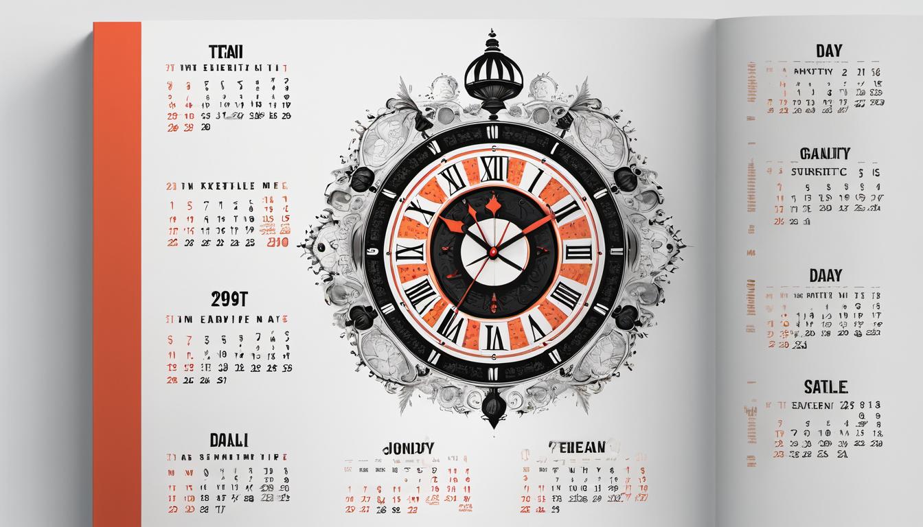  （surrealism)a calendar with dates marked, a clock showing different times, overlapping daily routine icons such as eating, exercising, working, sleeping, structured day, organized life. mystic, intricate details, best quality)